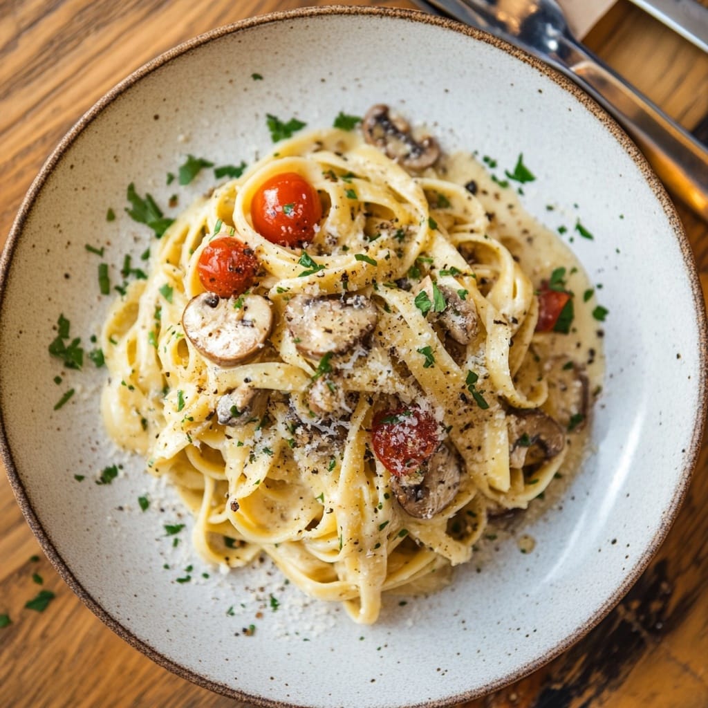 Krämig tagliatelle med svamp och körsbärstomater