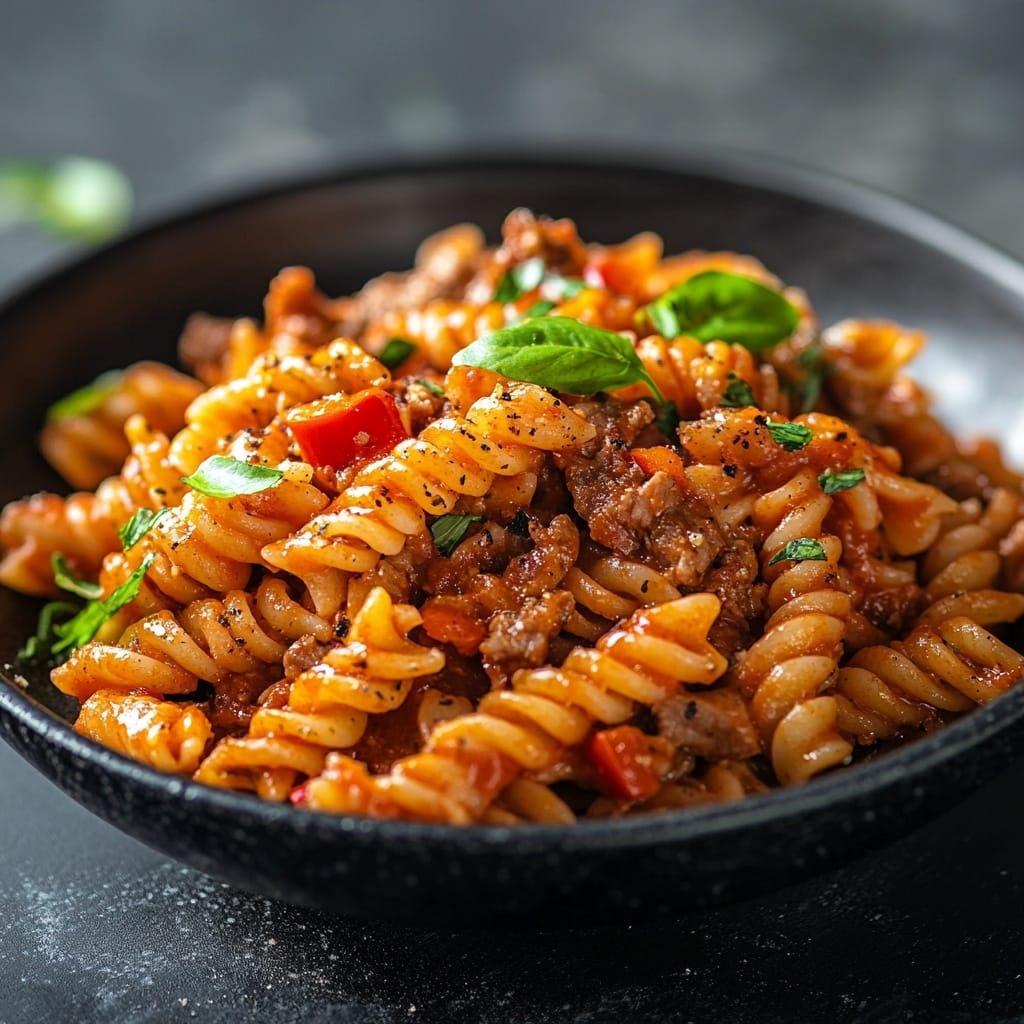 Fusilli med köttfärssås och basilika