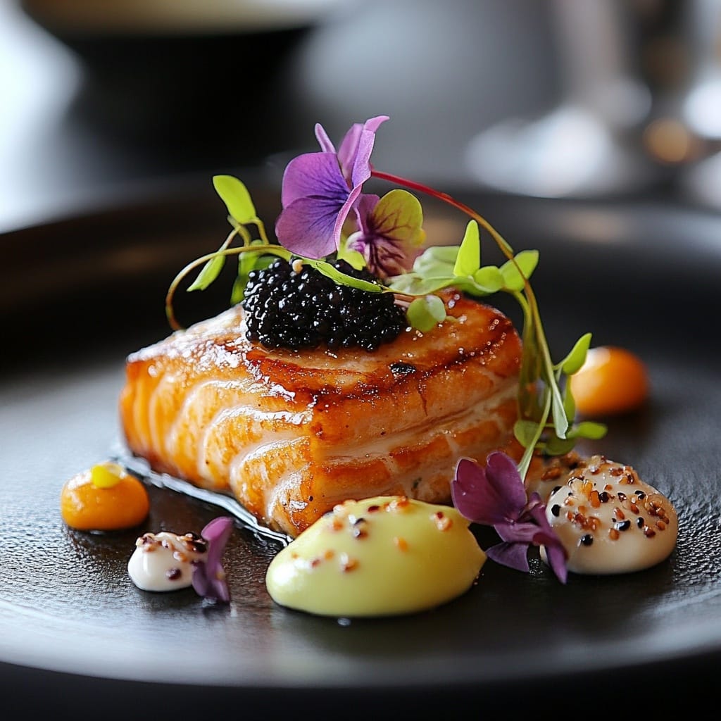 Laxfilé med caviar och blomsterdekoration