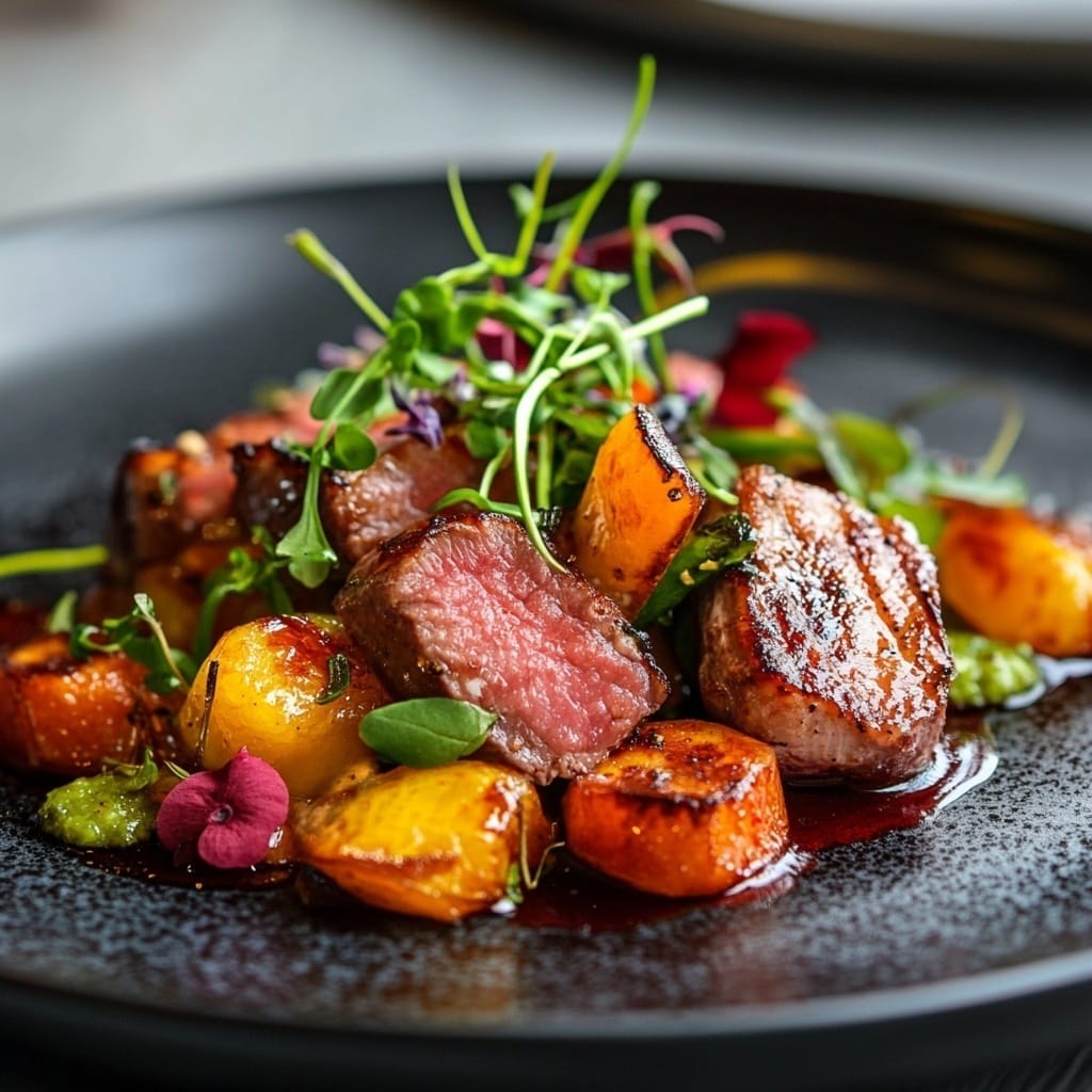 Biff med karamelliserad rotfrukt och örtsallad